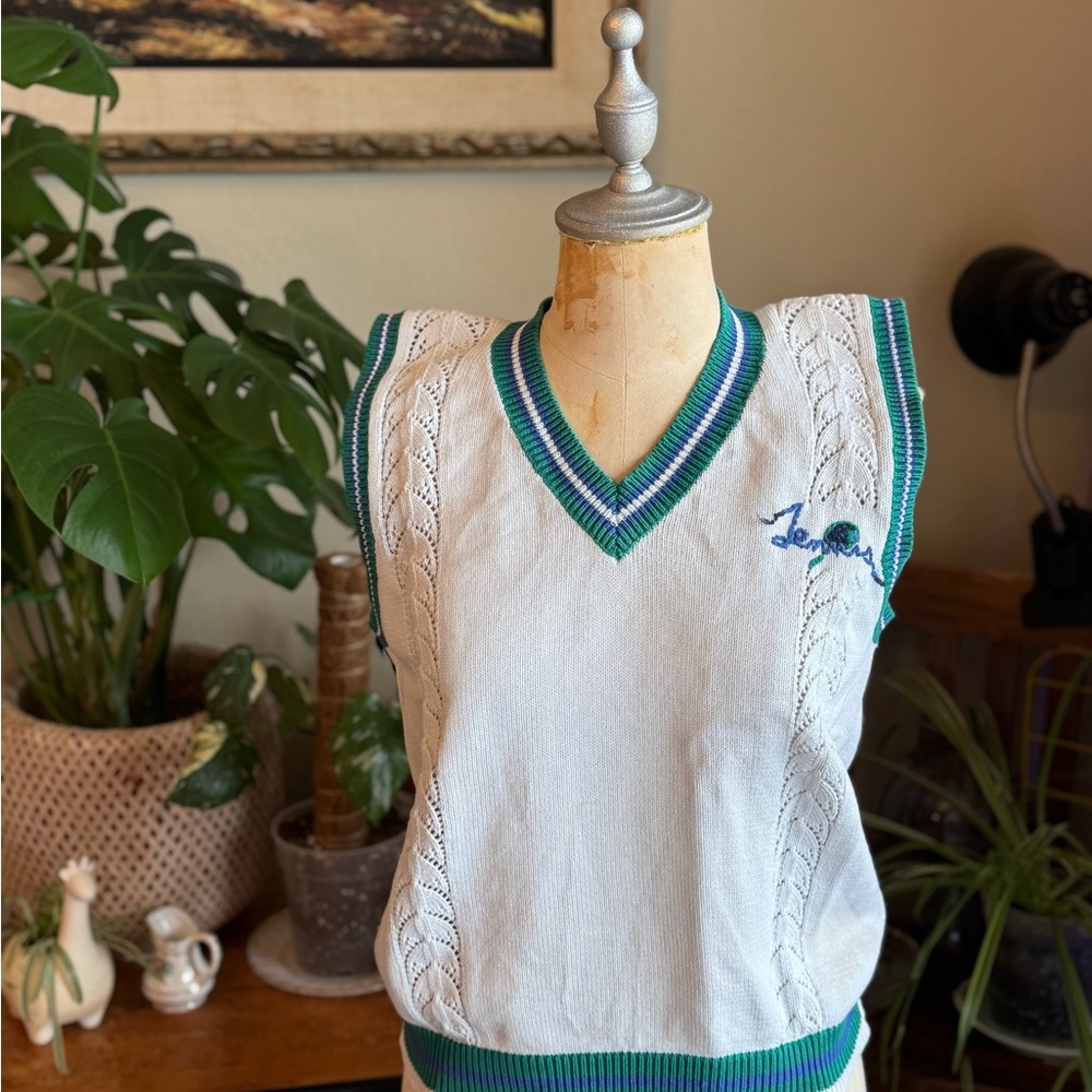 Vintage White Sleeveless Cotton Tennis Sweater with Blue and Green Trim